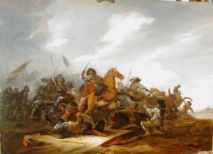 Jacob Mattias WEYER Amburgo 1620-1670 scena di battaglia firmato in basso a destra olio su tavola cm.68 x 48 cornice d'epoca